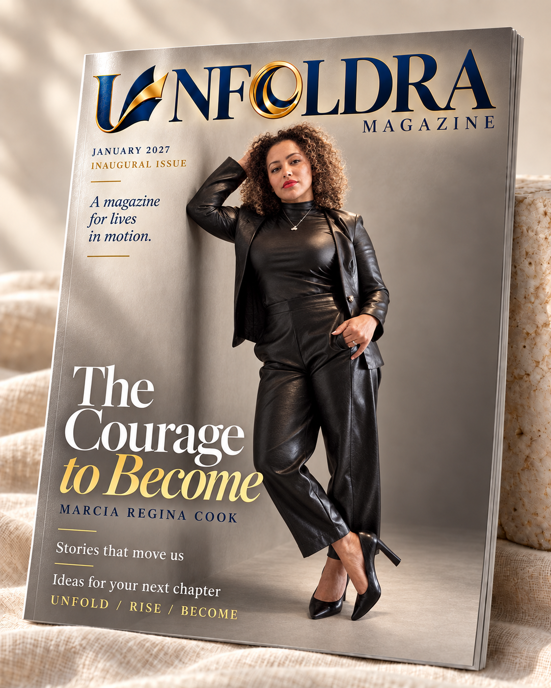 Unfoldra January 2027 inaugural issue mockup featuring Marcia Regina Cook