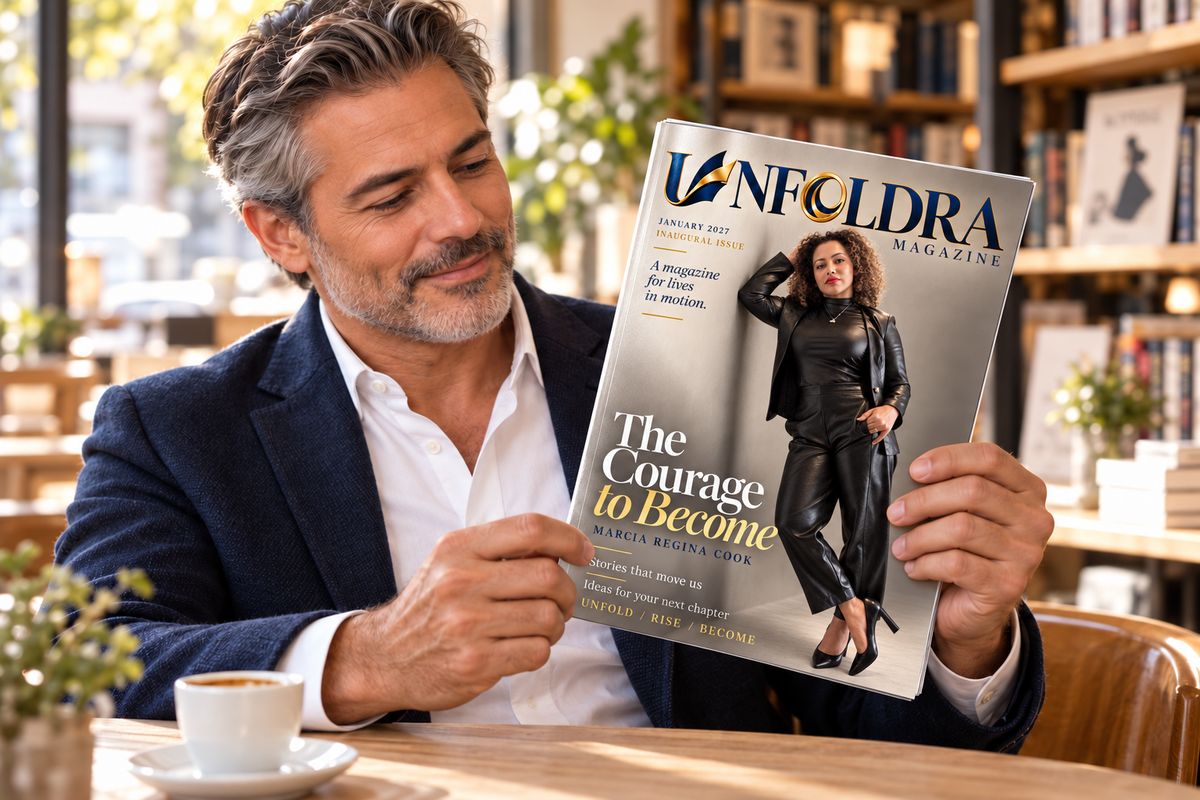 Preview of a reader holding Unfoldra in a cafe